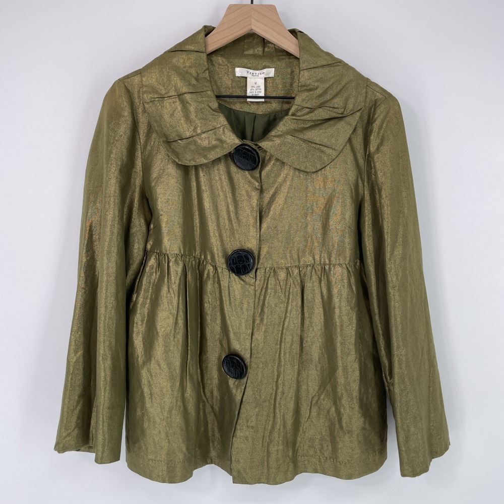 Vintage Vertigo Paris Linen Metallic Green Swing Jacket Women M Lined Snap Front